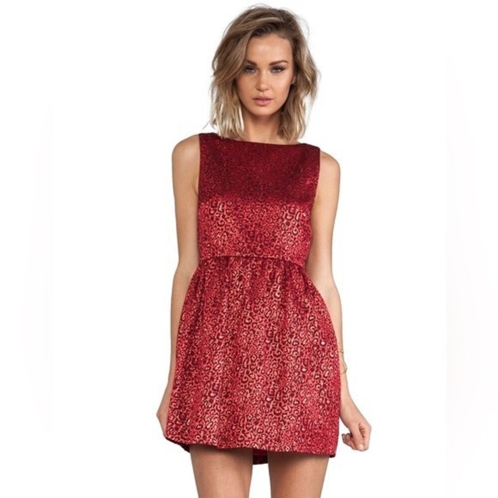 NWT Alice + Olivia Vita Sleeveless Tulip Dress Red Metallic Cheetah Womens Sz 8